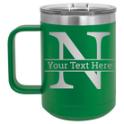 Personalized green 15 oz vacuum insulated coffee mug with 'Monogram letter N' design