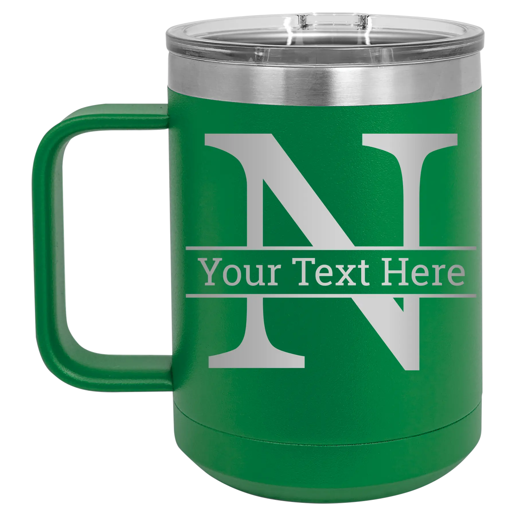 Personalized green 15 oz vacuum insulated coffee mug with 'Monogram letter N' design