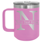 Personalized light purple 15 oz vacuum insulated coffee mug with 'Monogram letter N' design