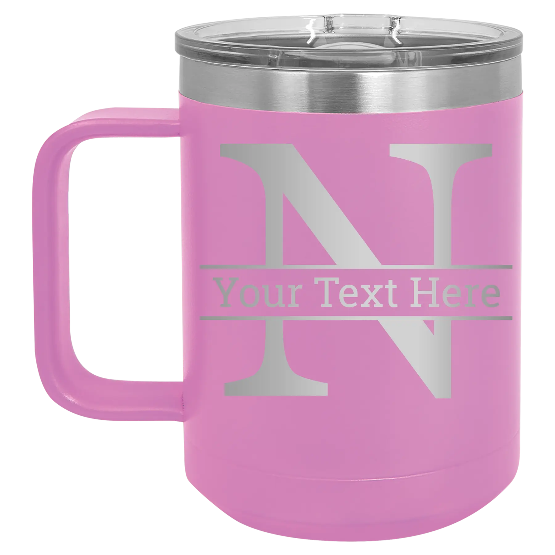 Personalized light purple 15 oz vacuum insulated coffee mug with 'Monogram letter N' design
