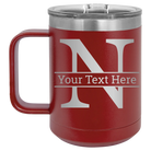 Personalized maroon 15 oz vacuum insulated coffee mug with 'Monogram letter N' design