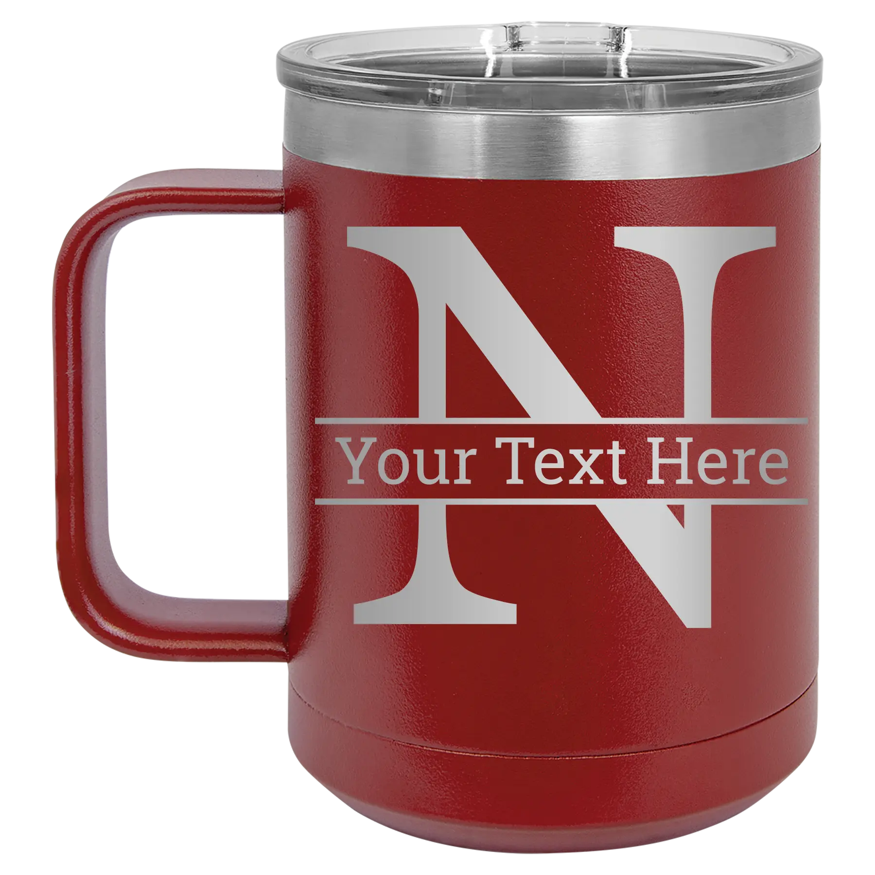 Personalized maroon 15 oz vacuum insulated coffee mug with 'Monogram letter N' design