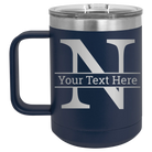 Personalized navy 15 oz vacuum insulated coffee mug with 'Monogram letter N' design