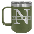 Personalized olive green 15 oz vacuum insulated coffee mug with 'Monogram letter N' design