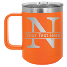 Personalized orange 15 oz vacuum insulated coffee mug with 'Monogram letter N' design