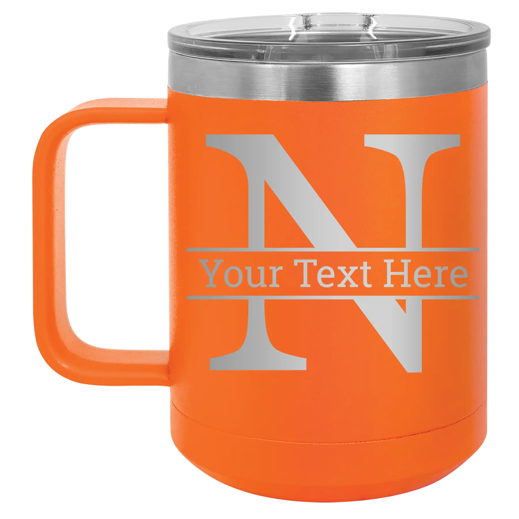 Personalized orange 15 oz vacuum insulated coffee mug with 'Monogram letter N' design