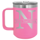 Personalized pink 15 oz vacuum insulated coffee mug with 'Monogram letter N' design