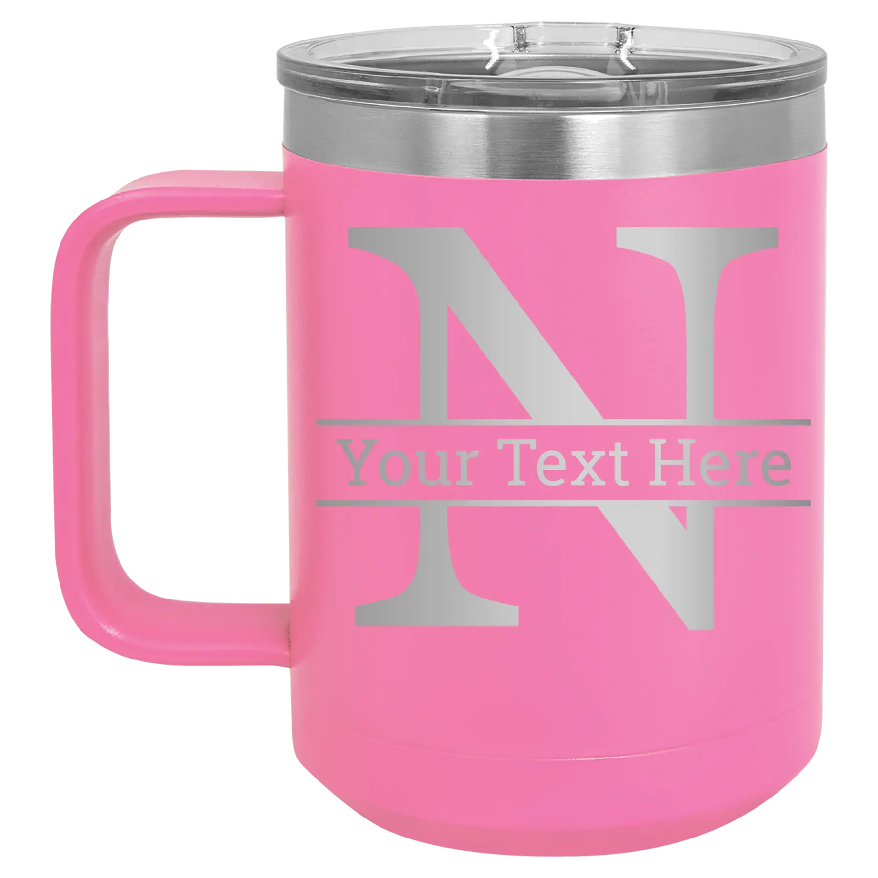 Personalized pink 15 oz vacuum insulated coffee mug with 'Monogram letter N' design