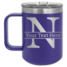 Personalized purple 15 oz vacuum insulated coffee mug with 'Monogram letter N' design