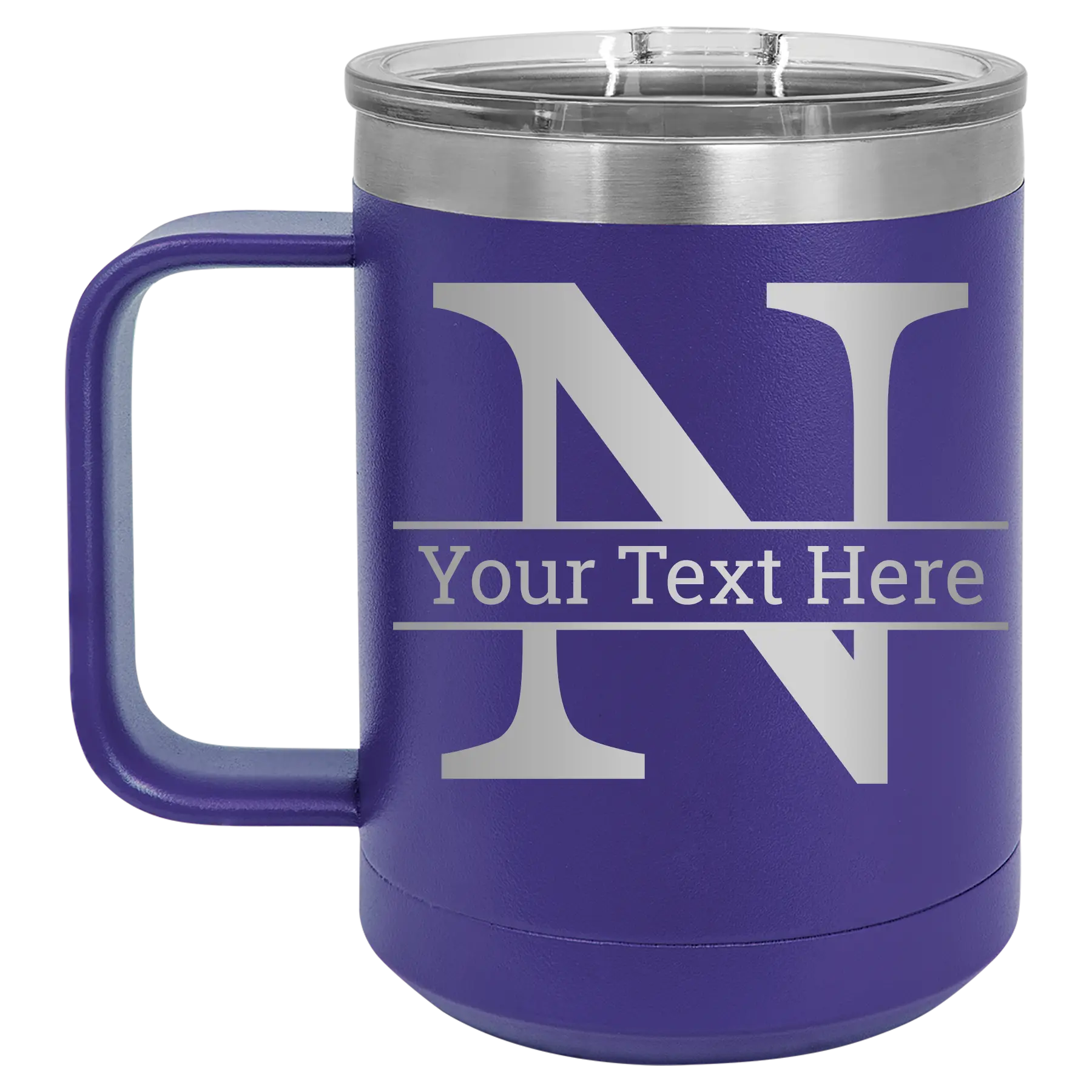 Personalized purple 15 oz vacuum insulated coffee mug with 'Monogram letter N' design