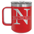 Personalized red 15 oz vacuum insulated coffee mug with 'Monogram letter N' design