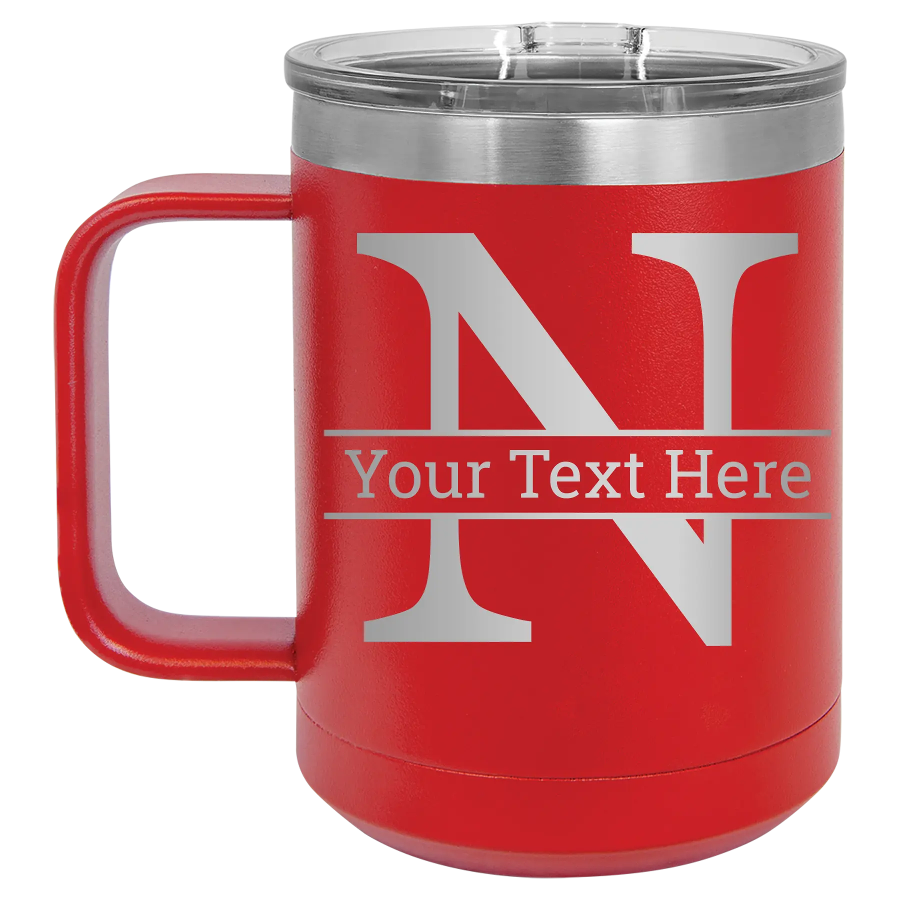 Personalized red 15 oz vacuum insulated coffee mug with 'Monogram letter N' design