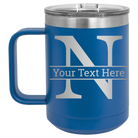 Personalized royal blue 15 oz vacuum insulated coffee mug with 'Monogram letter N' design