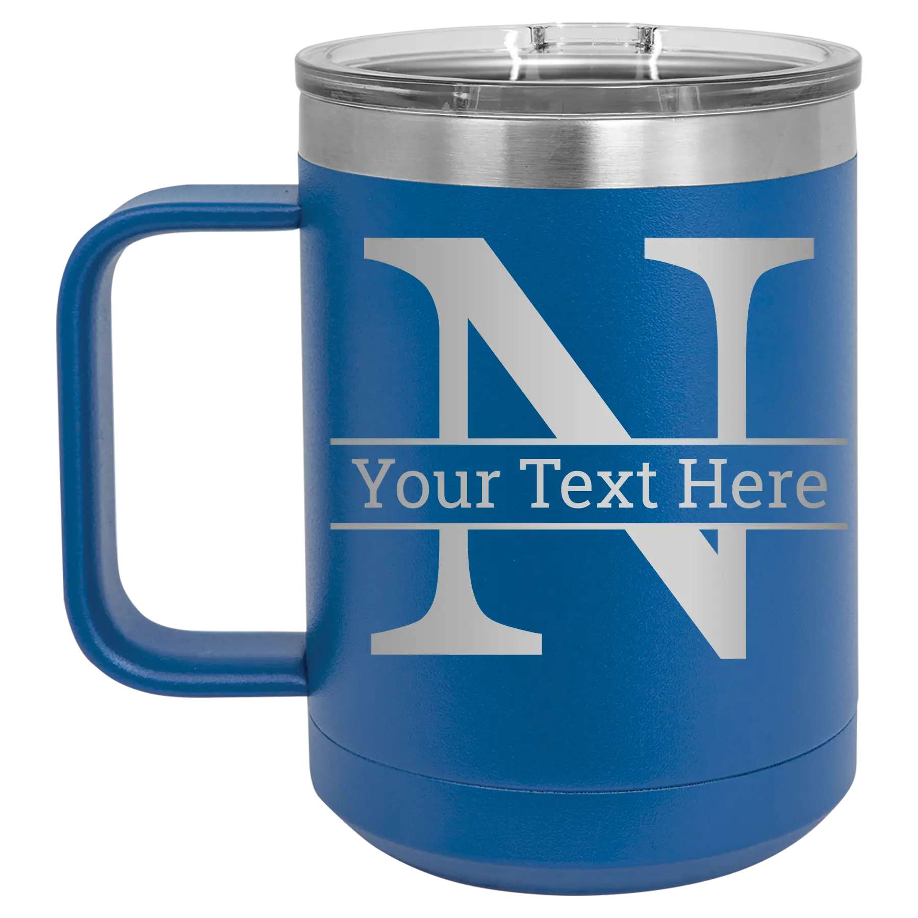 Personalized royal blue 15 oz vacuum insulated coffee mug with 'Monogram letter N' design