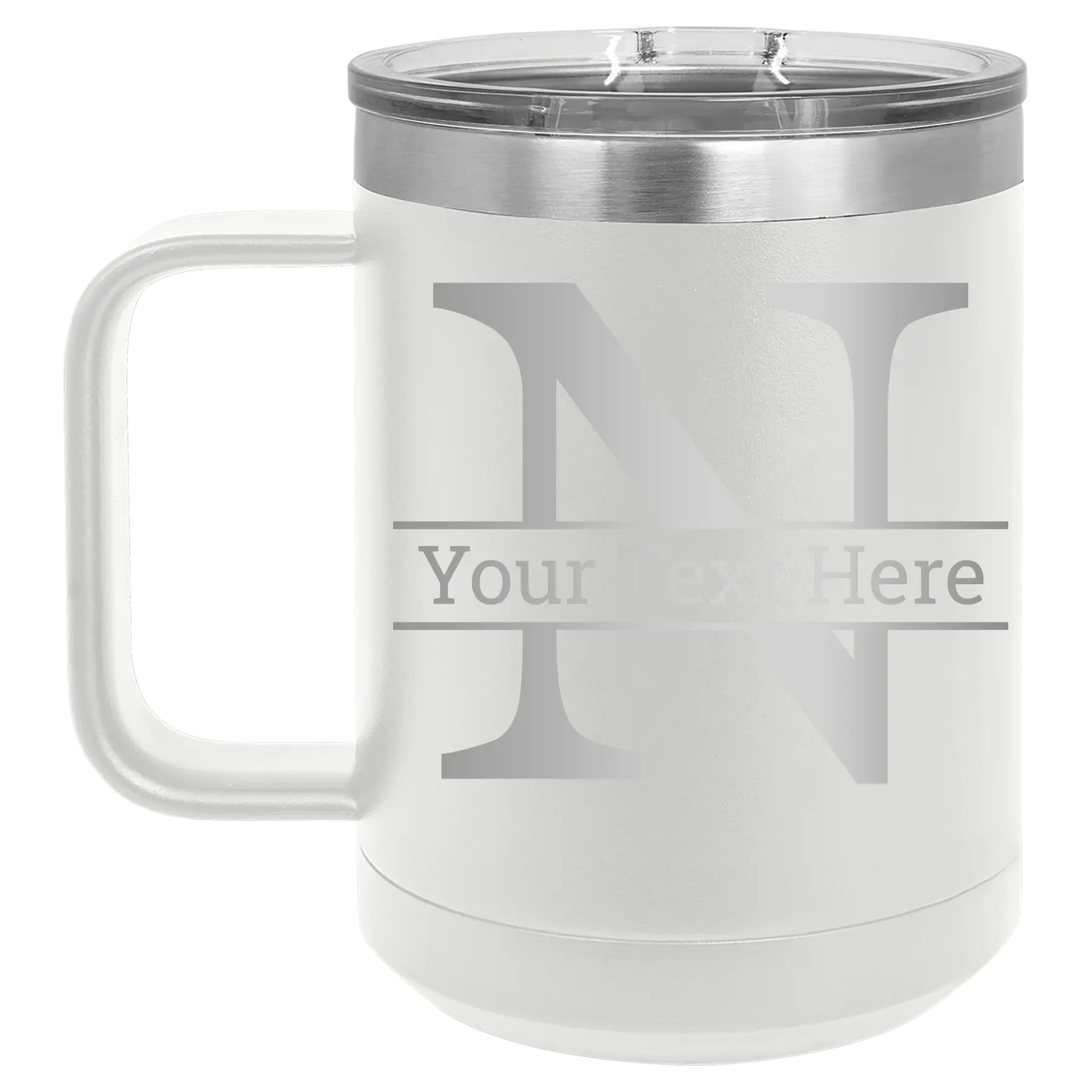 Personalized white 15 oz vacuum insulated coffee mug with 'Monogram letter N' design