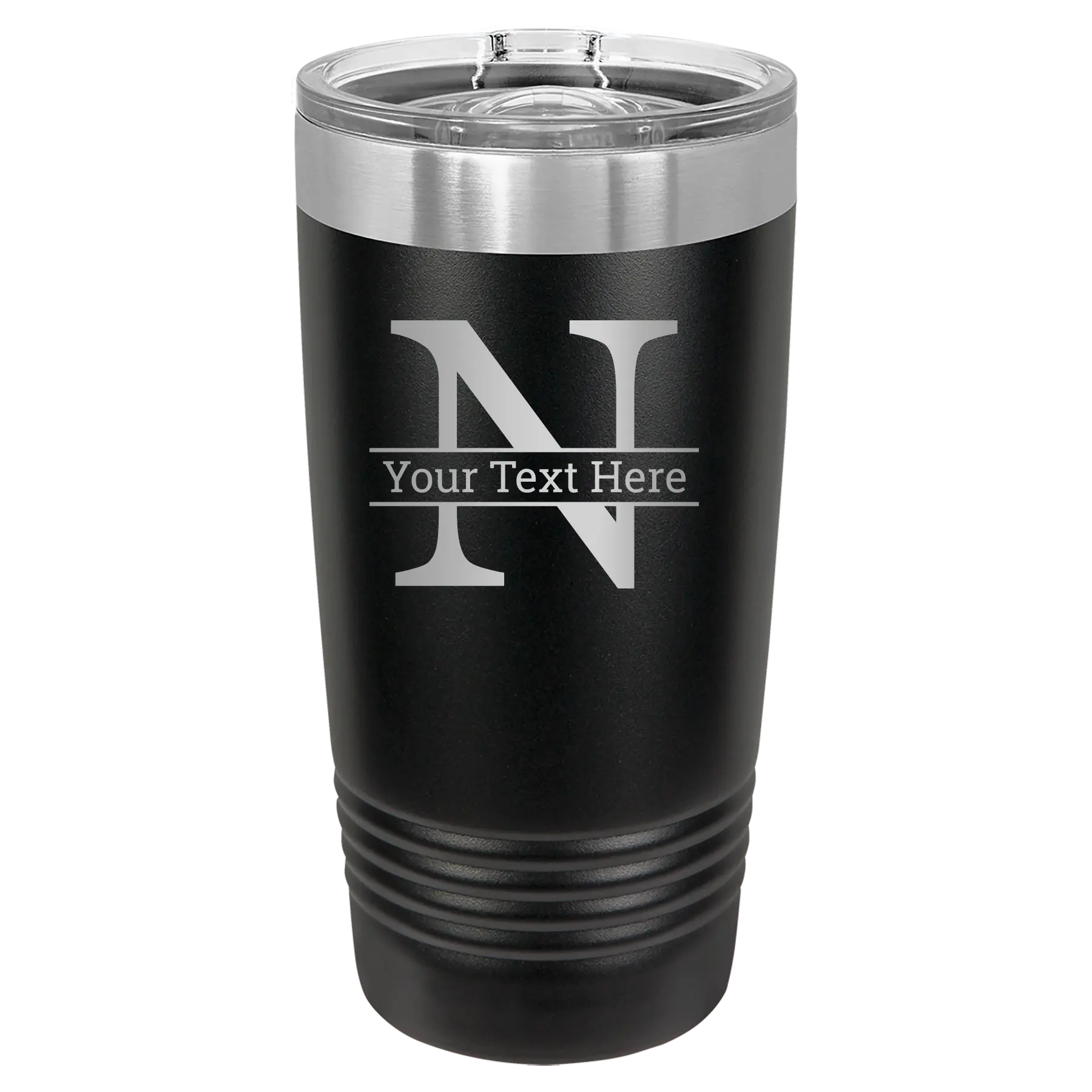 Personalized black 20 oz vacuum insulated tumbler with 'Monogram letter N' design