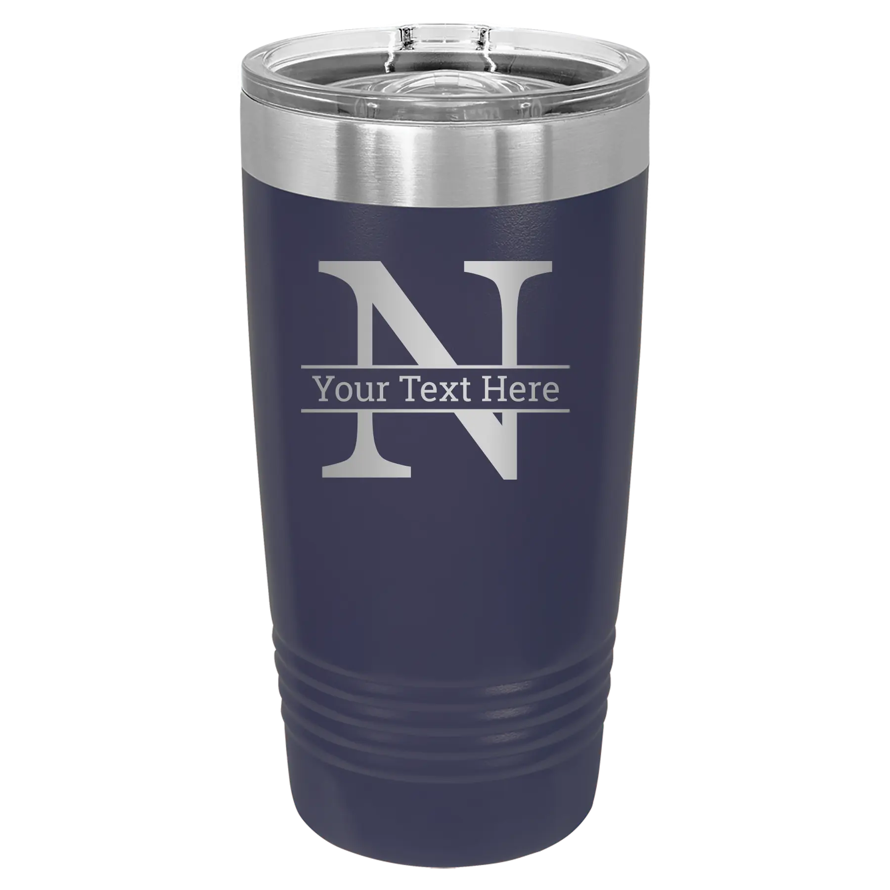 Personalized navy 20 oz vacuum insulated tumbler with 'Monogram letter N' design
