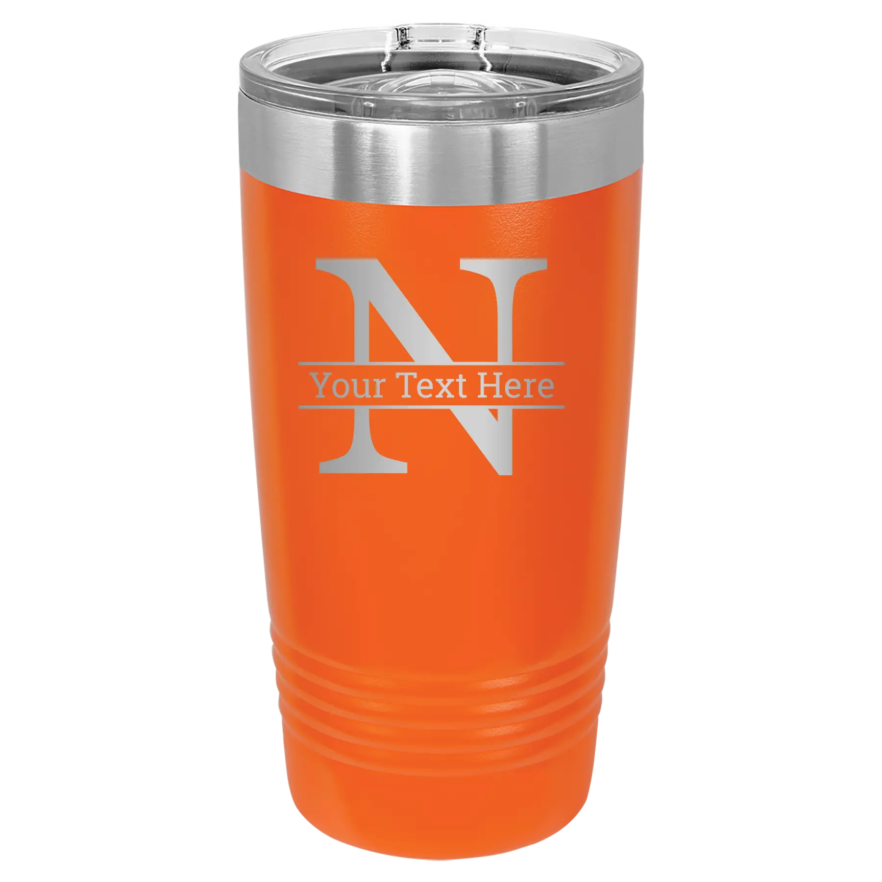 Personalized orange 20 oz vacuum insulated tumbler with 'Monogram letter N' design