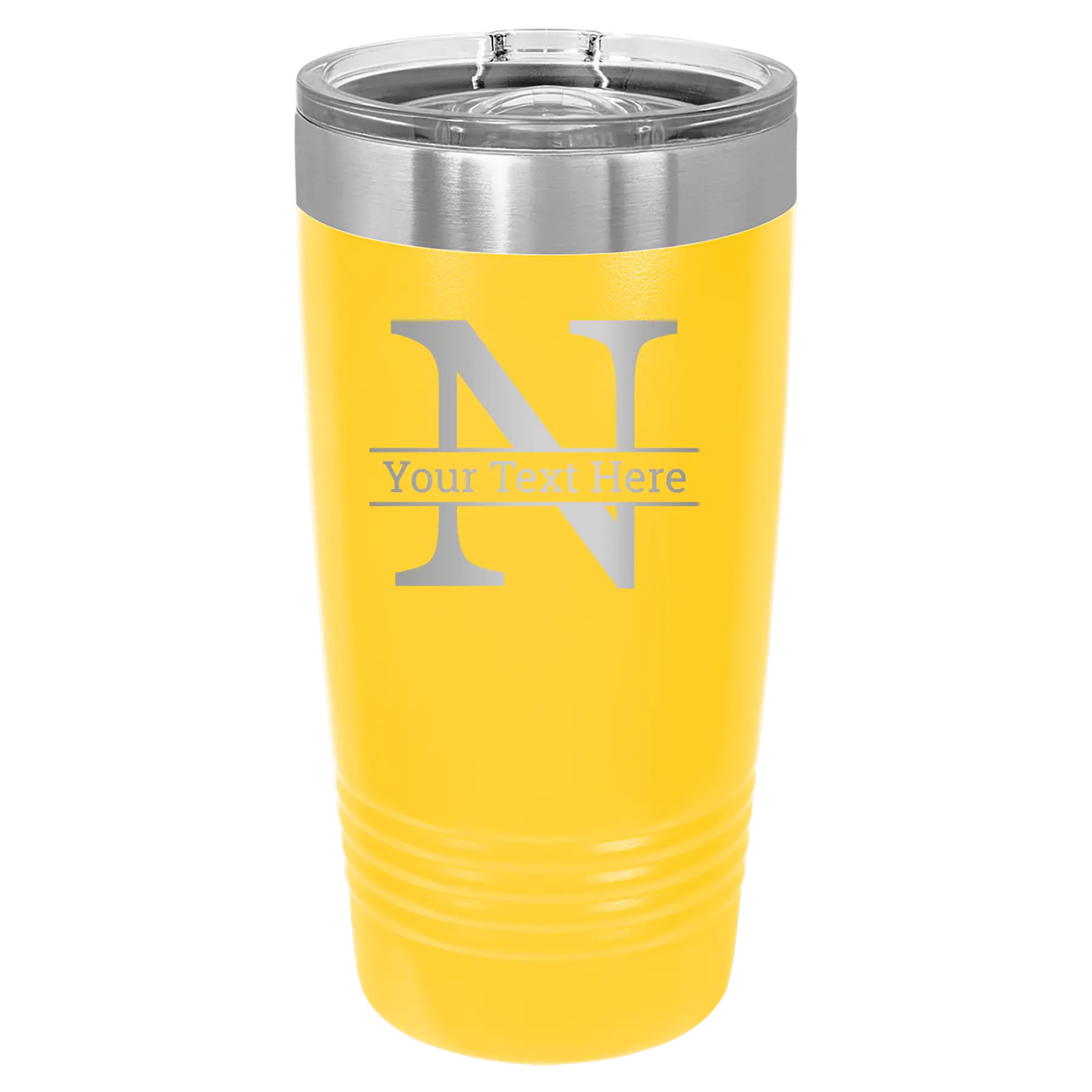 Personalized yellow 20 oz vacuum insulated tumbler with 'Monogram letter N' design