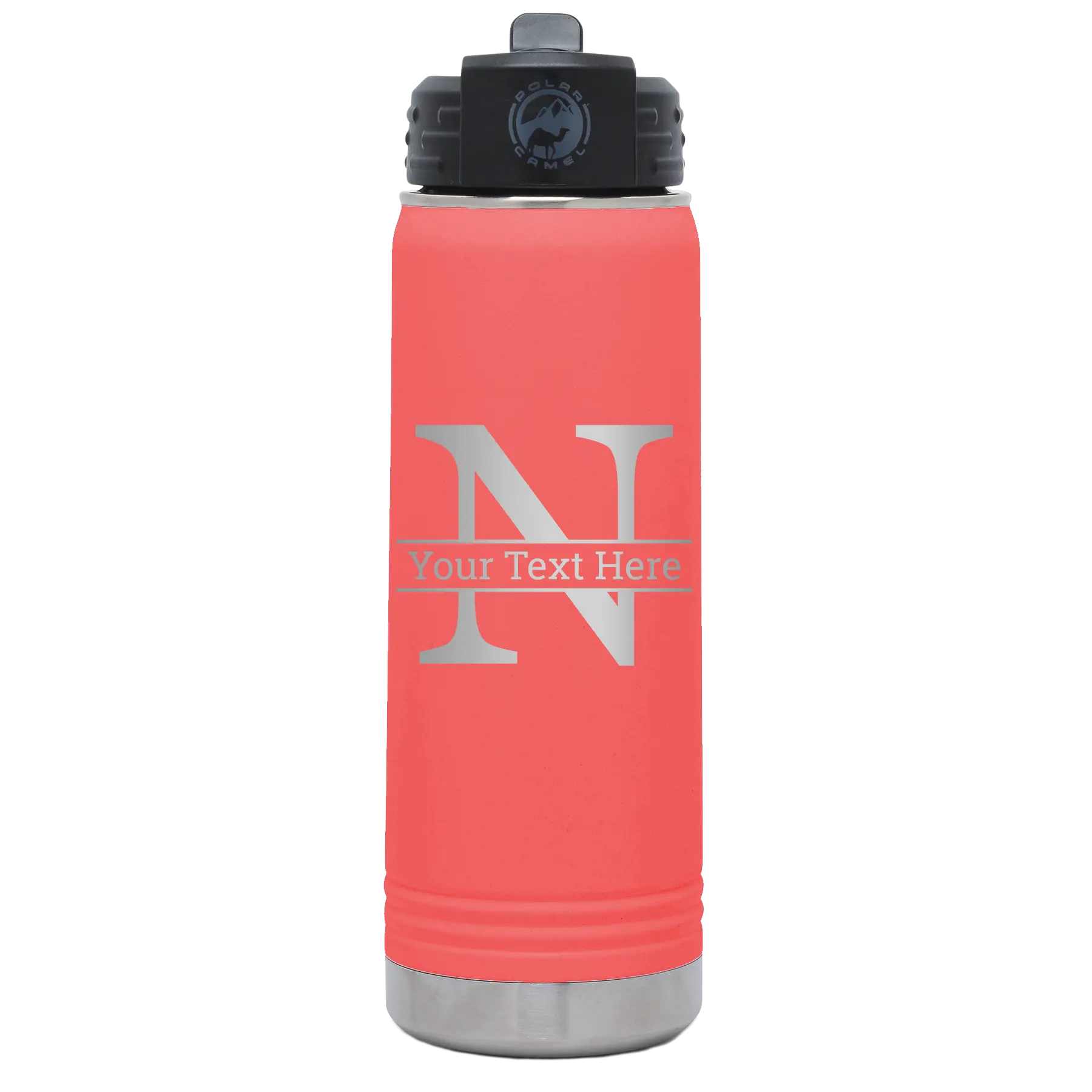 Personalized coral 20 oz vacuum insulated water bottle with 'Monogram letter N' design