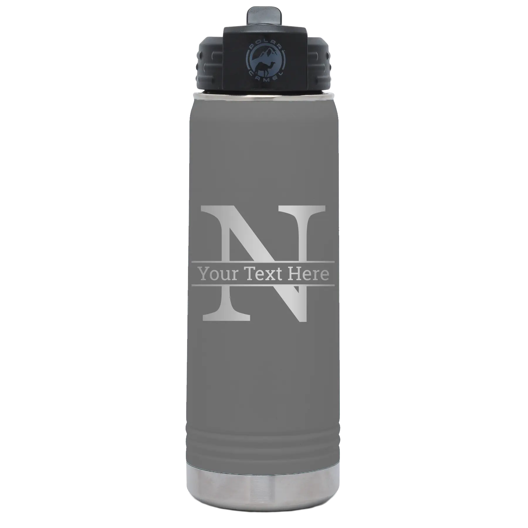 Personalized dark gray 20 oz vacuum insulated water bottle with 'Monogram letter N' design