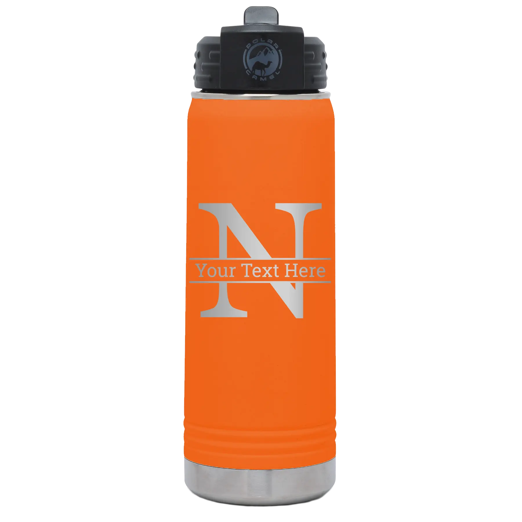 Personalized orange 20 oz vacuum insulated water bottle with 'Monogram letter N' design