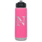 Personalized pink 20 oz vacuum insulated water bottle with 'Monogram letter N' design