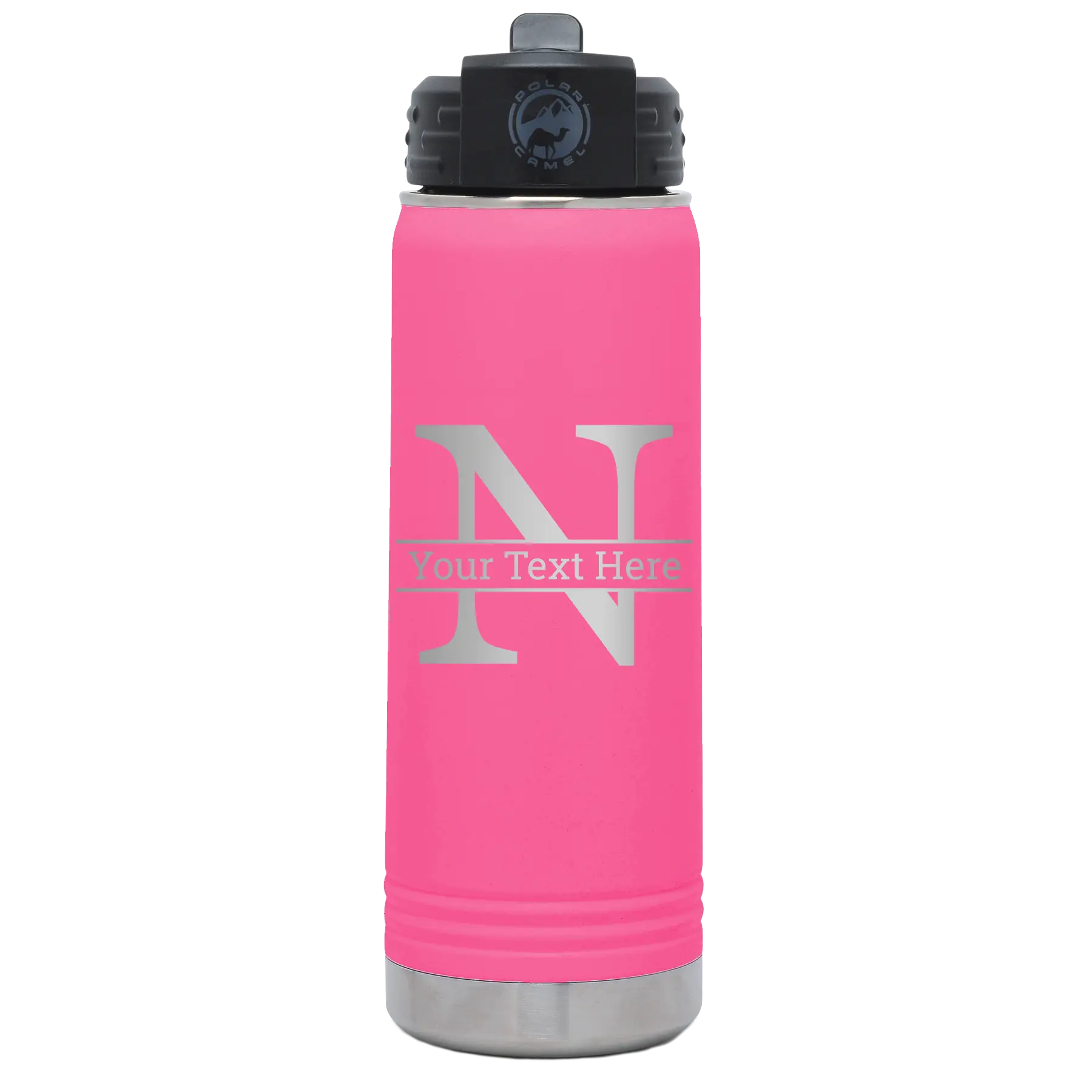 Personalized pink 20 oz vacuum insulated water bottle with 'Monogram letter N' design