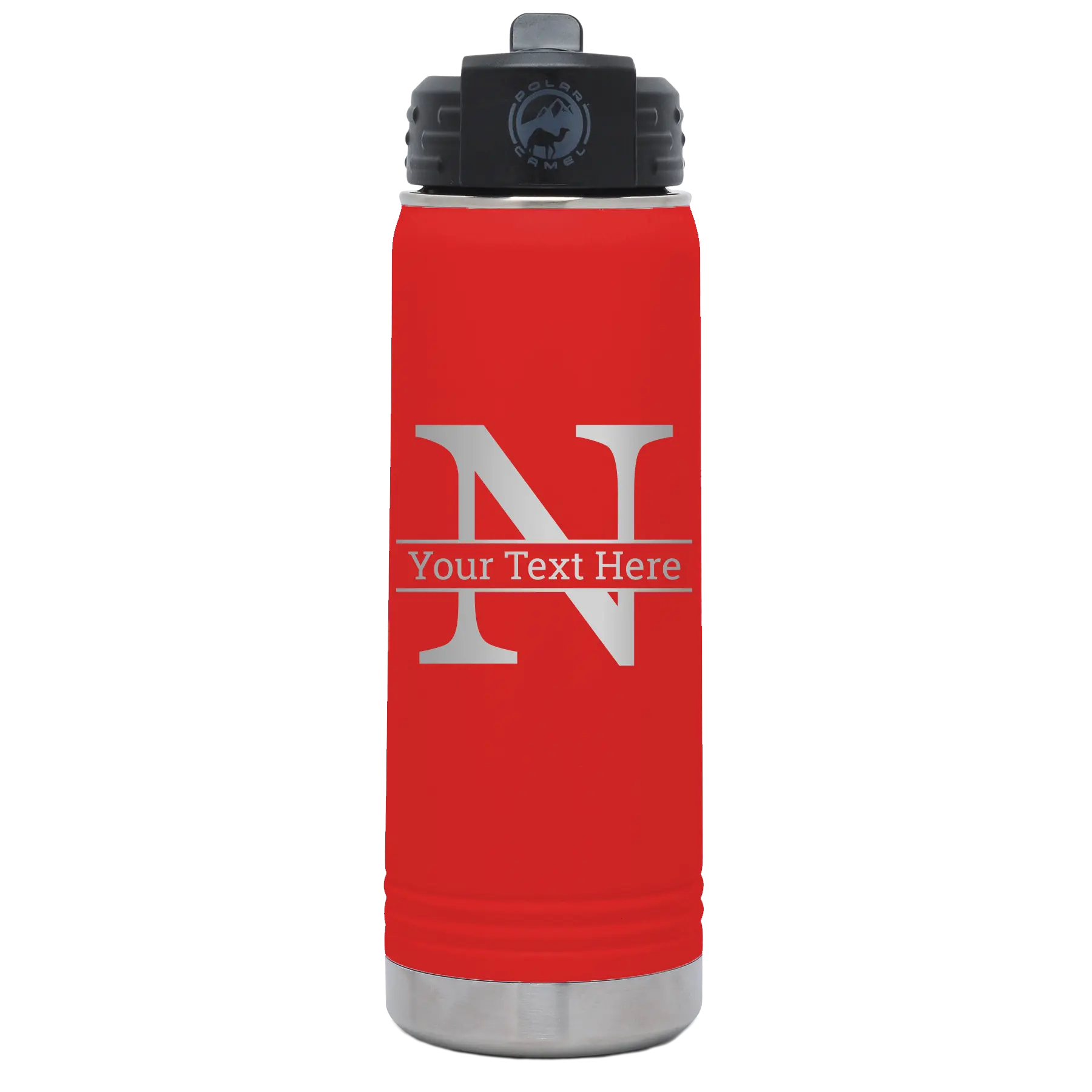Personalized red 20 oz vacuum insulated water bottle with 'Monogram letter N' design
