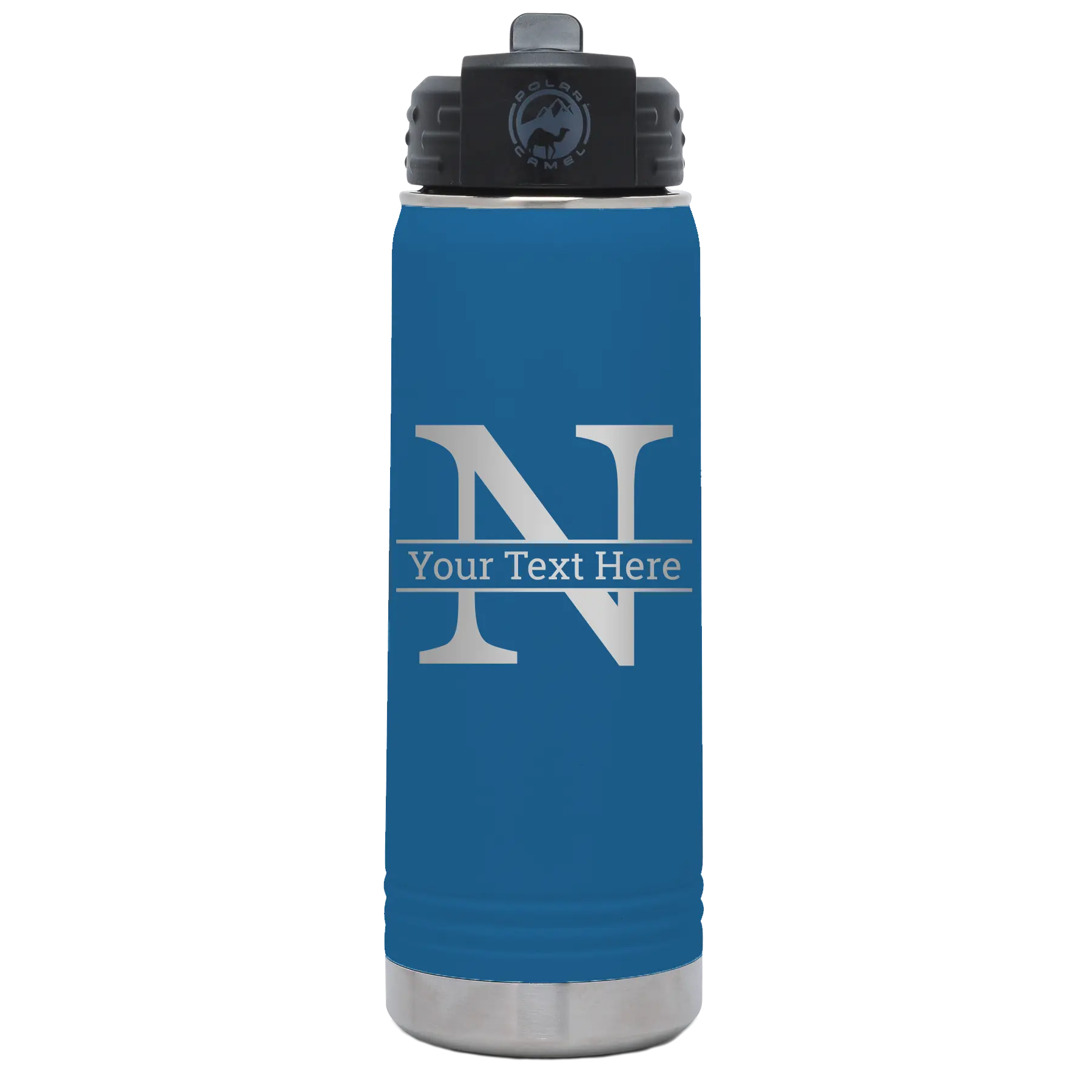 Personalized royal blue 20 oz vacuum insulated water bottle with 'Monogram letter N' design