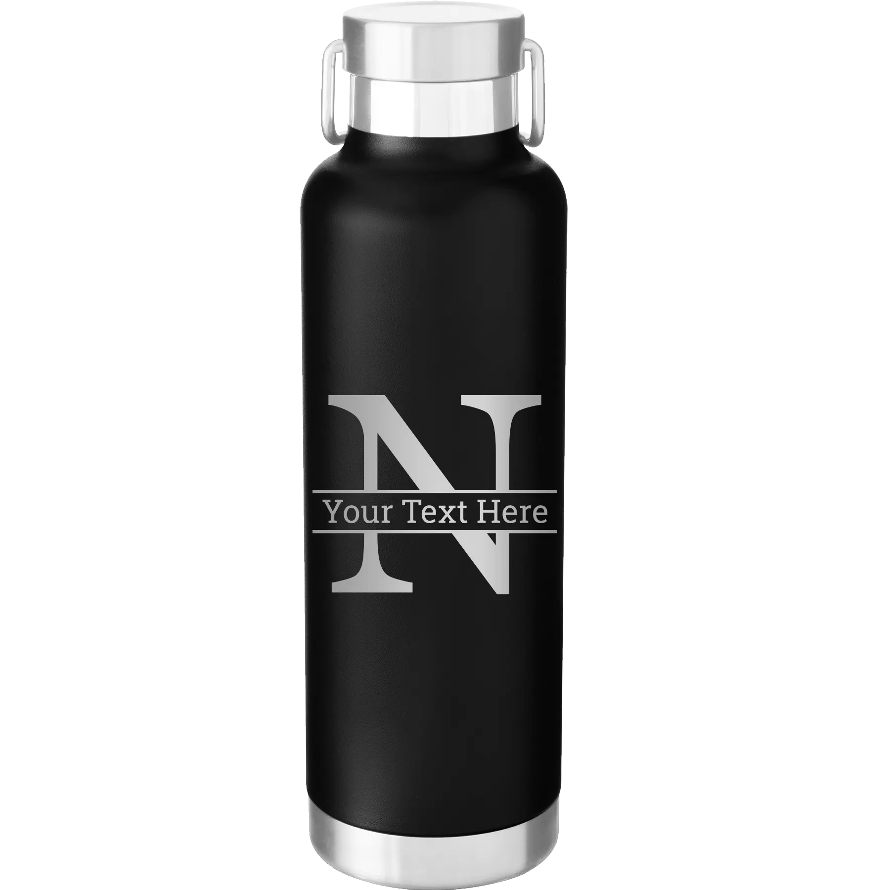 Personalized black 24 oz vacuum insulated water bottle with 'Monogram letter N' design