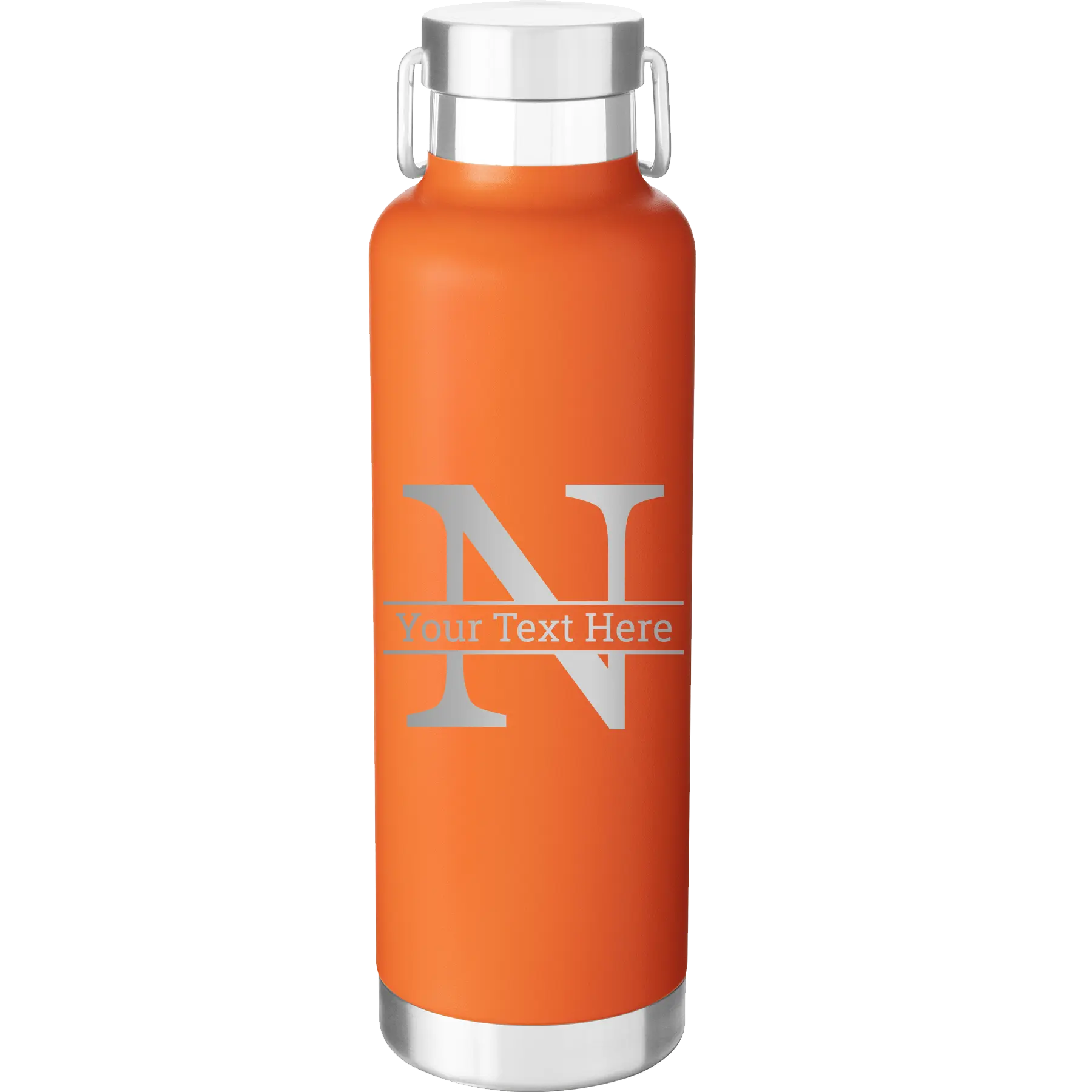 Personalized orange 24 oz vacuum insulated water bottle with 'Monogram letter N' design