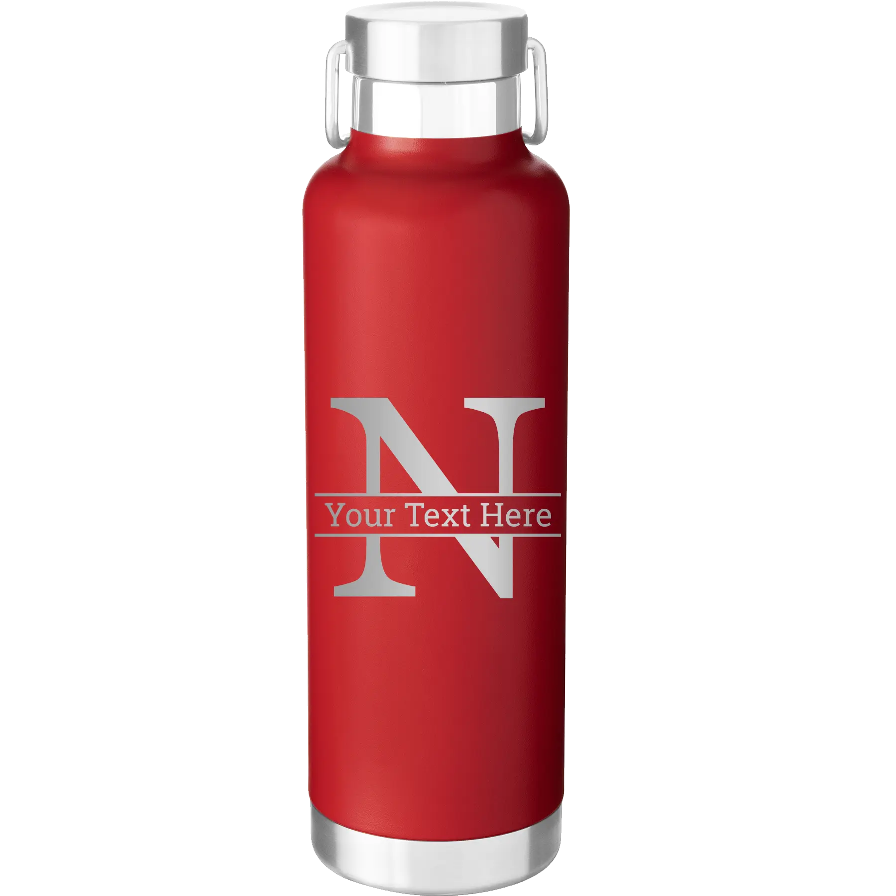 Personalized red 24 oz vacuum insulated water bottle with 'Monogram letter N' design