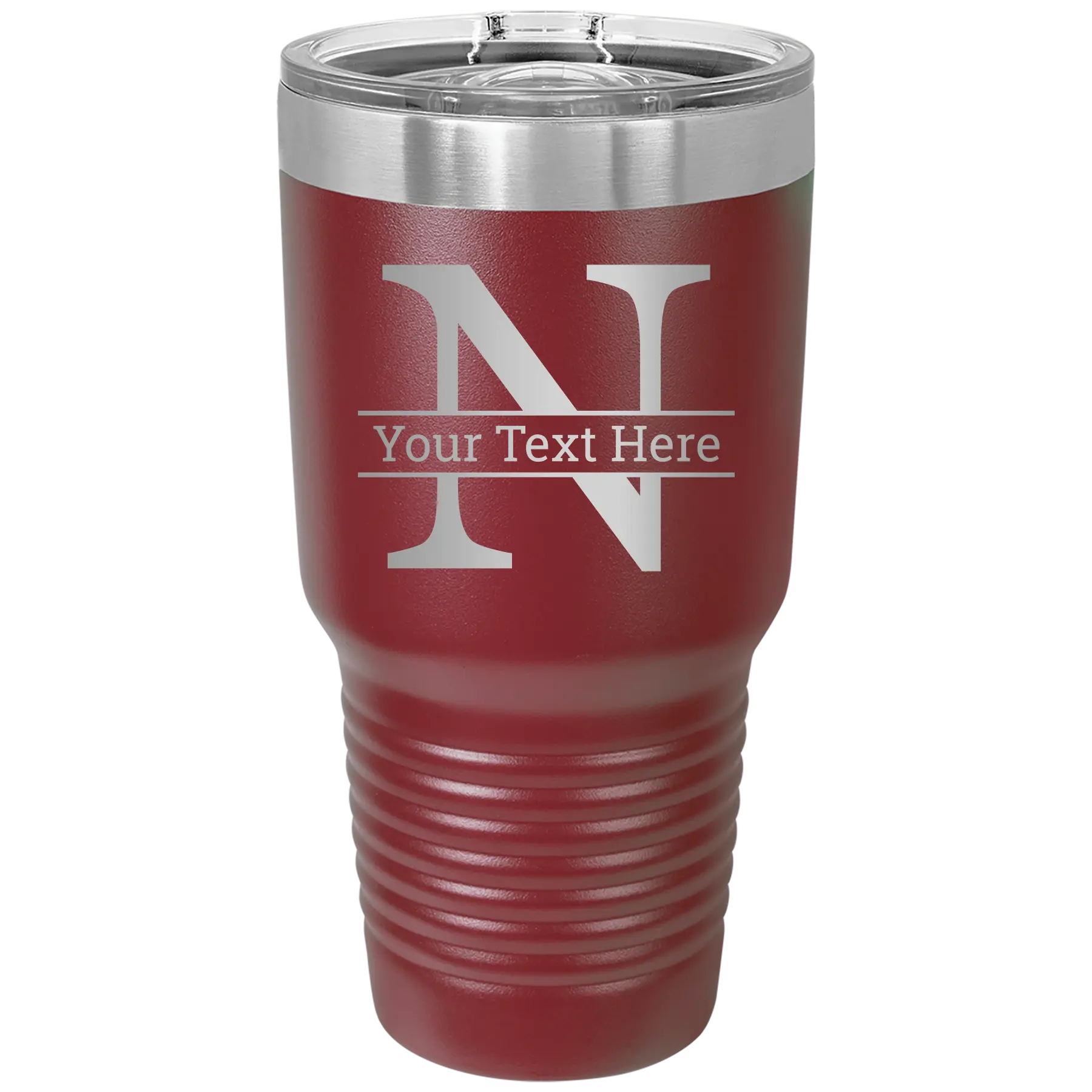 Personalized maroon 30 oz vacuum insulated tumbler with 'Monogram letter N' design
