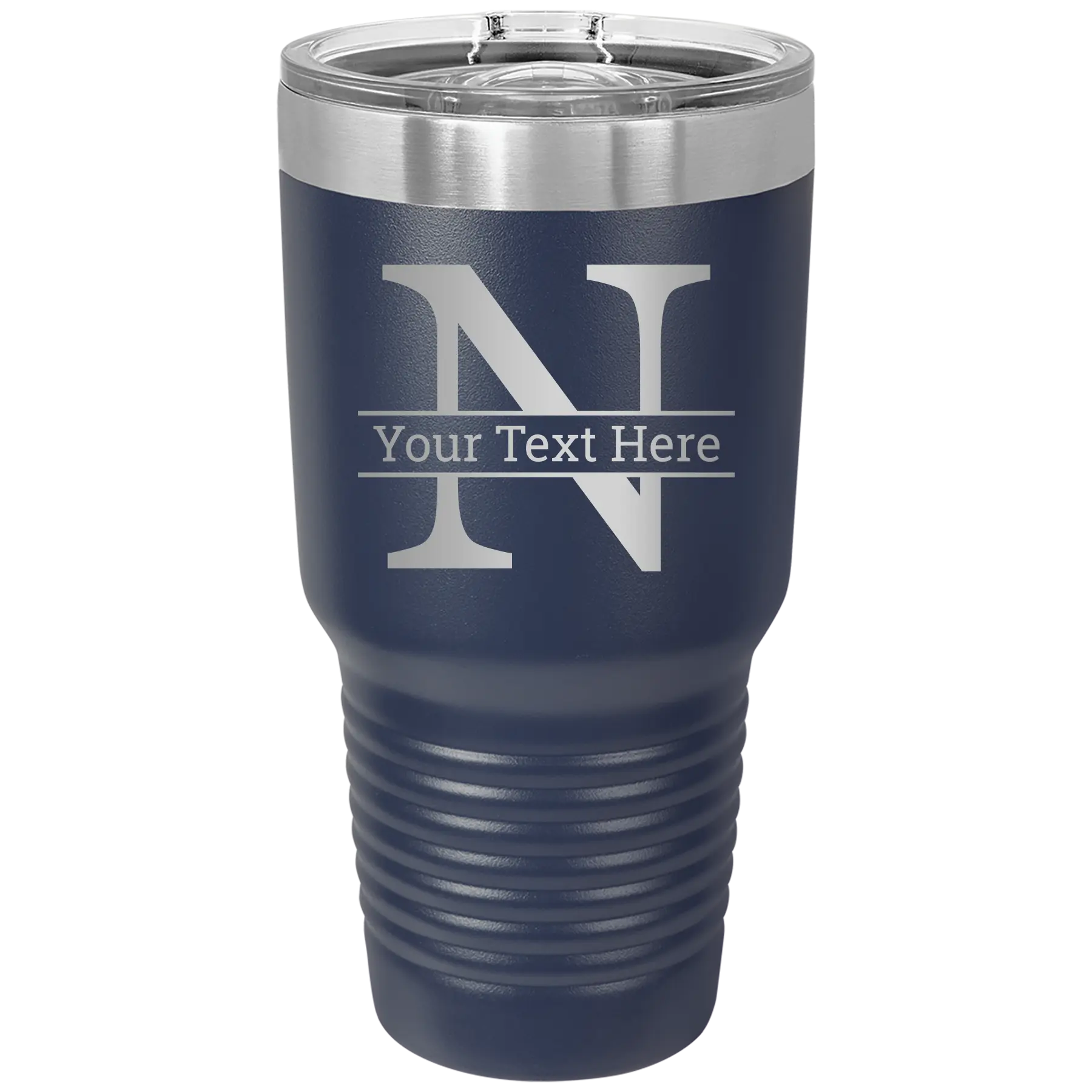 Personalized navy 30 oz vacuum insulated tumbler with 'Monogram letter N' design