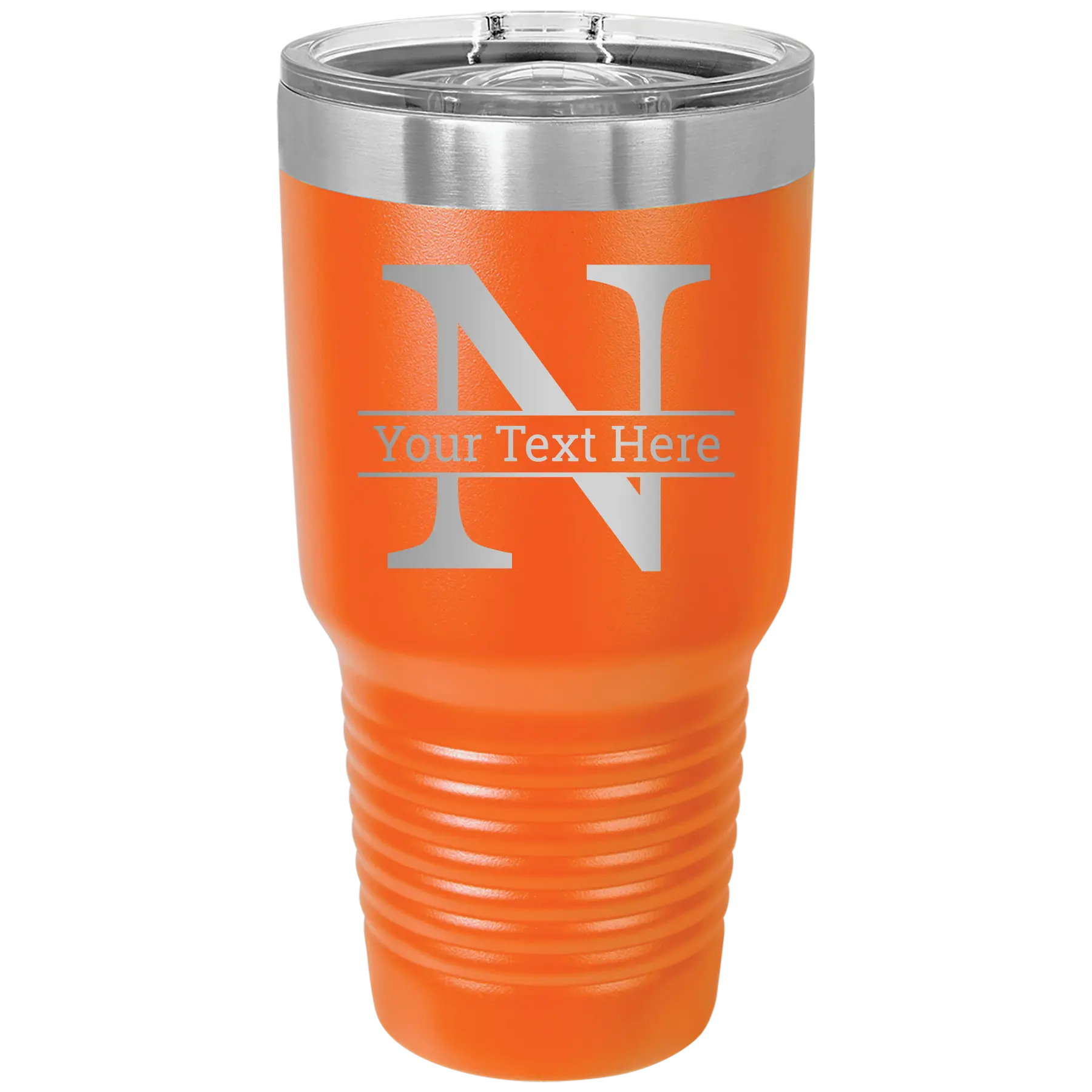 Personalized orange 30 oz vacuum insulated tumbler with 'Monogram letter N' design