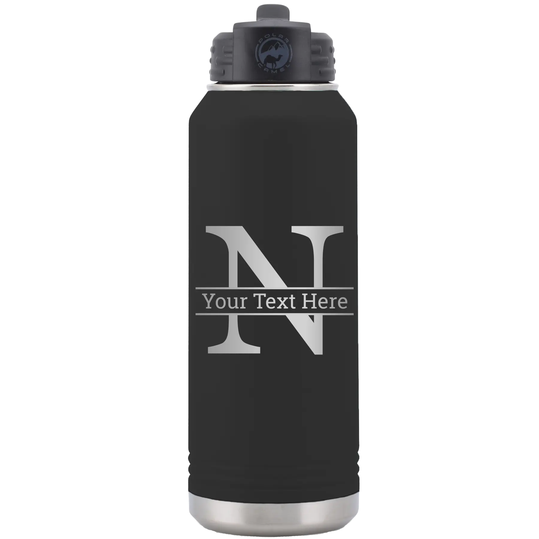 Personalized black 32 oz vacuum insulated water bottle with 'Monogram letter N' design