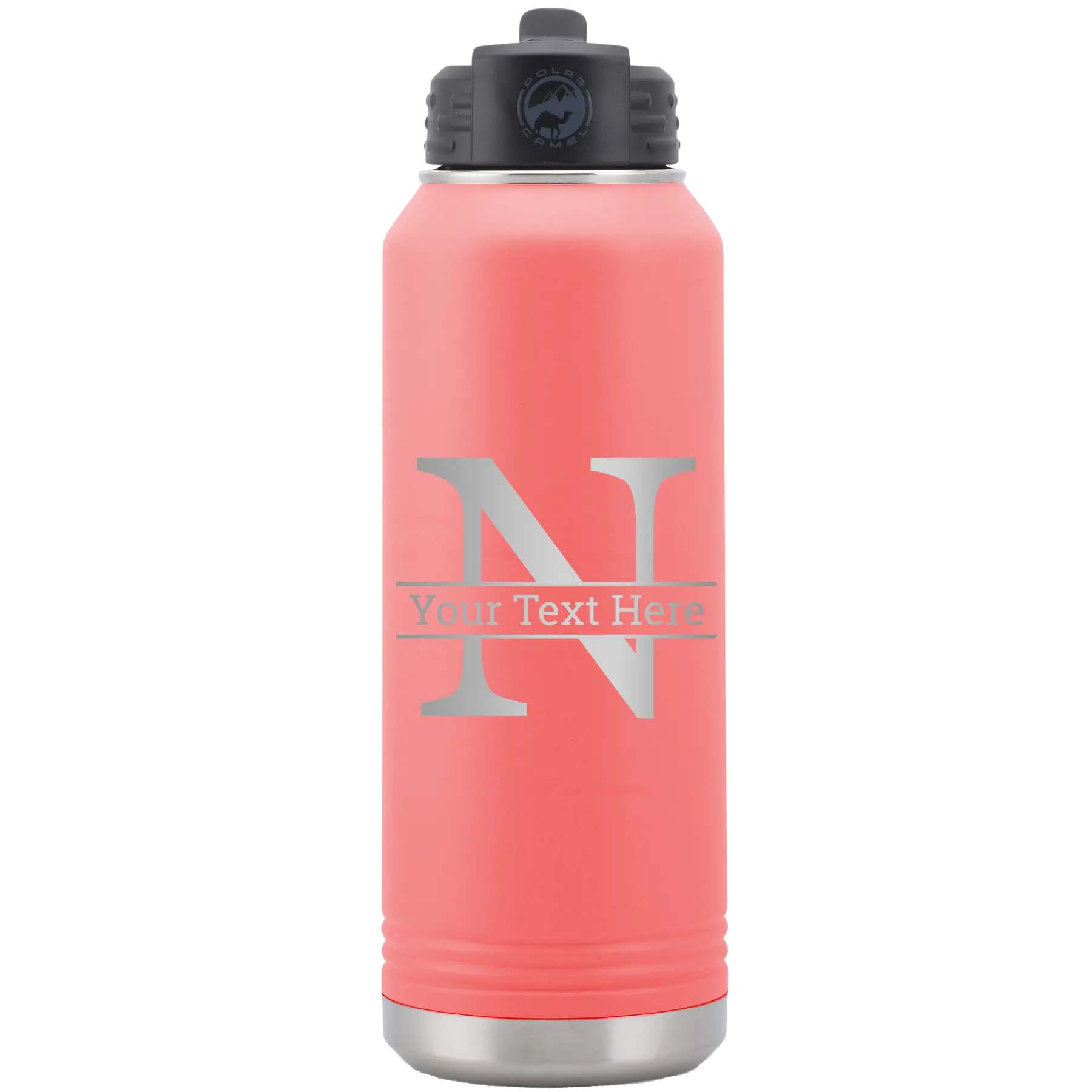 Personalized coral 32 oz vacuum insulated water bottle with 'Monogram letter N' design