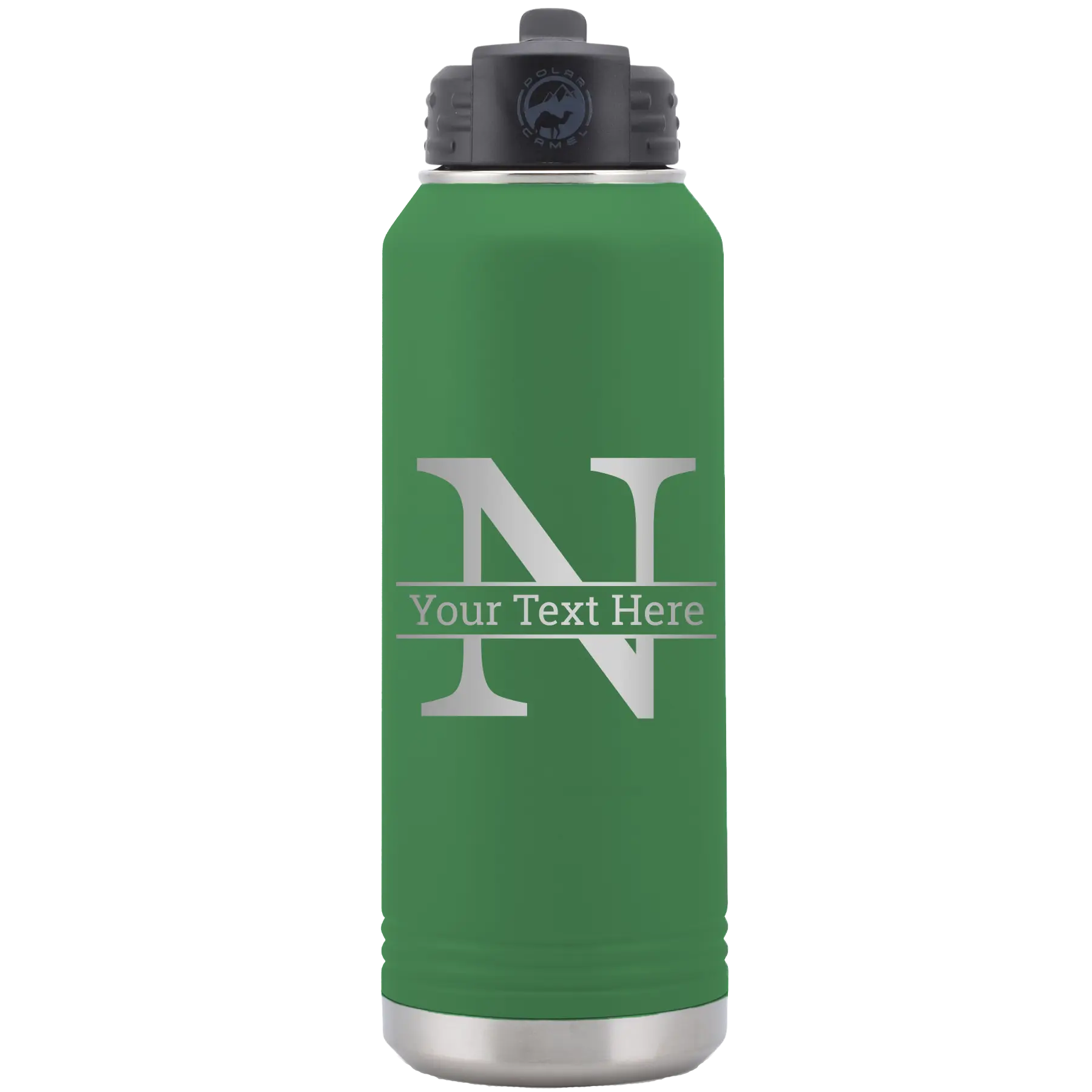 Personalized green 32 oz vacuum insulated water bottle with 'Monogram letter N' design