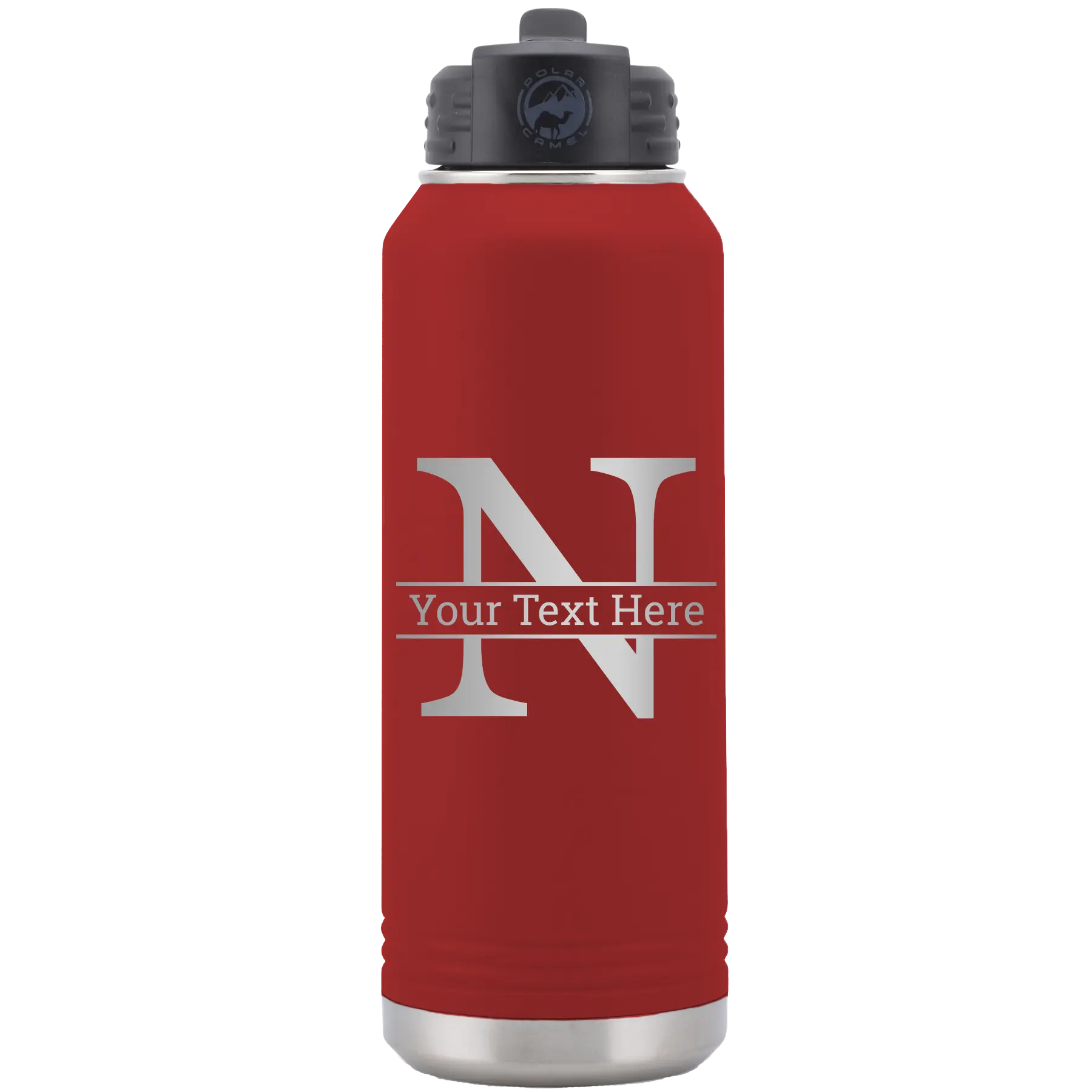 Personalized maroon 32 oz vacuum insulated water bottle with 'Monogram letter N' design