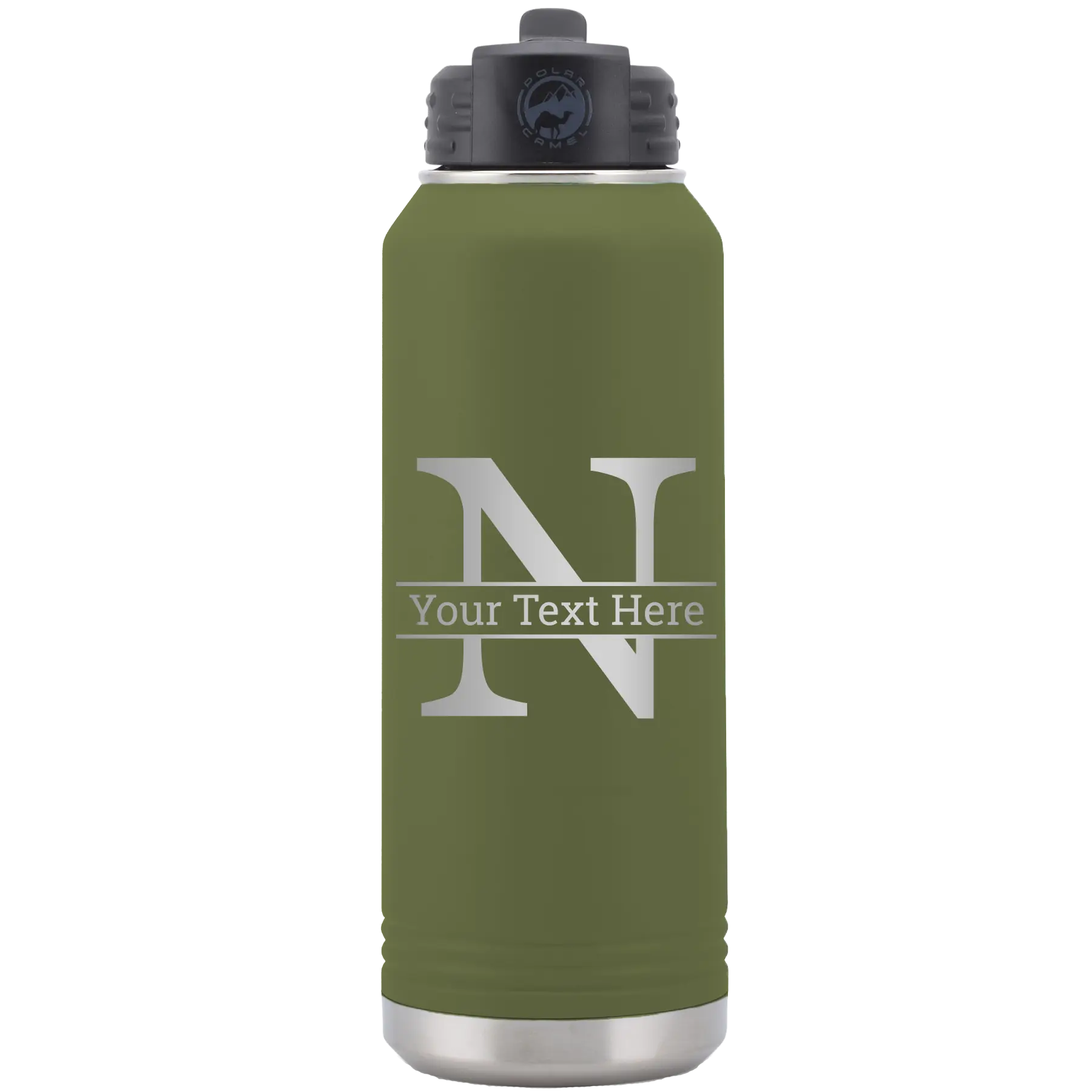 Personalized olive green 32 oz vacuum insulated water bottle with 'Monogram letter N' design
