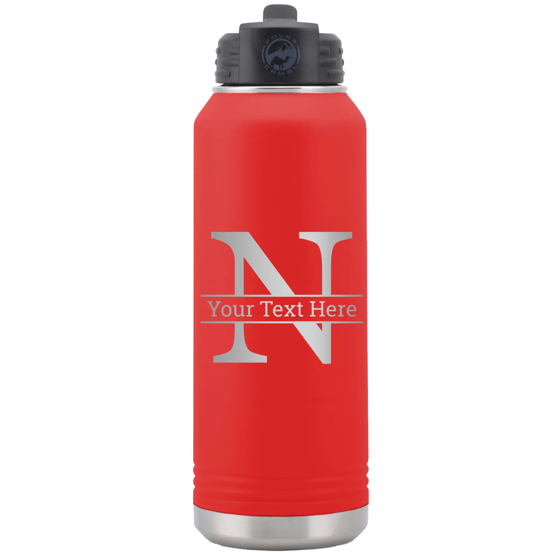 Personalized red 32 oz vacuum insulated water bottle with 'Monogram letter N' design