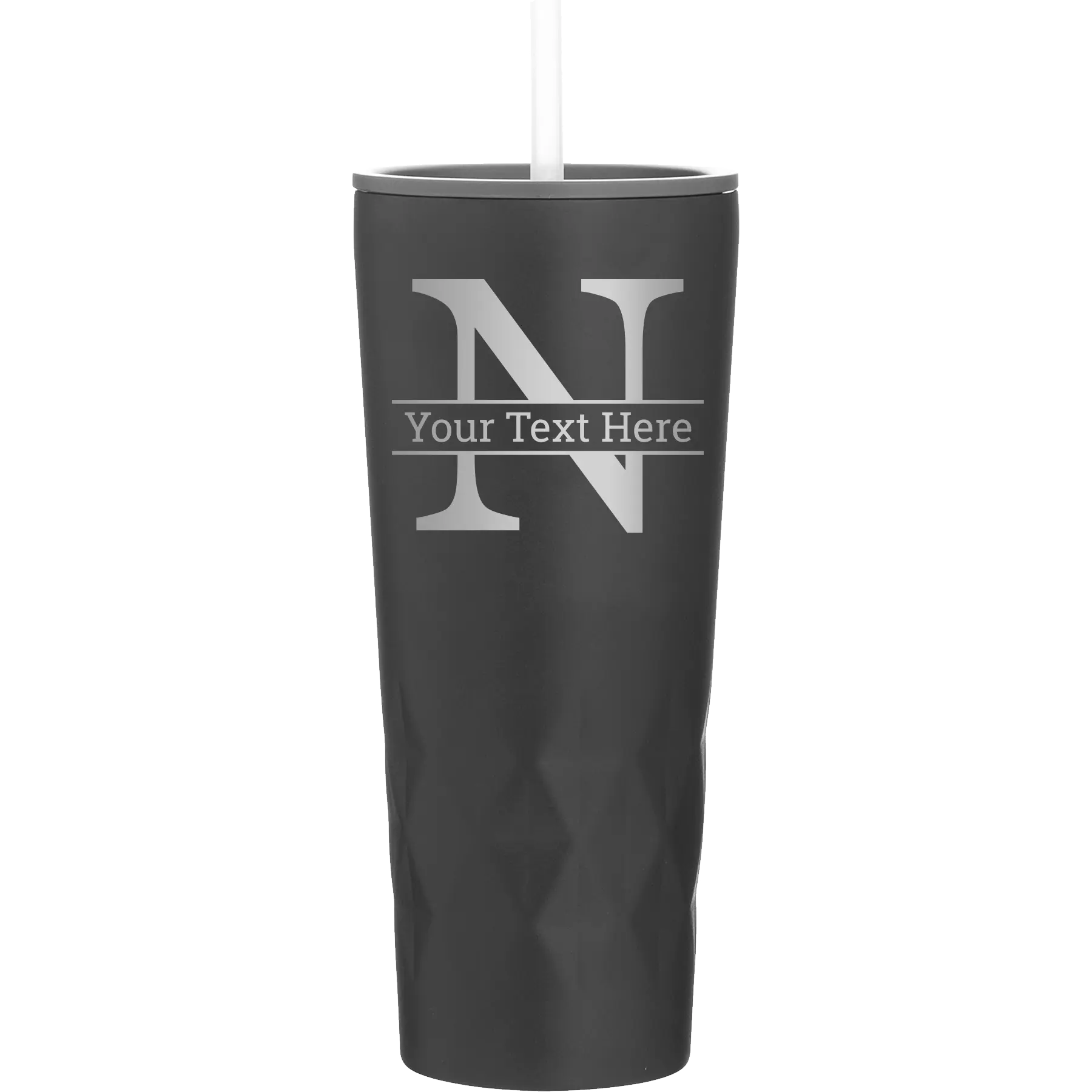Personalized black 20 oz vacuum insulated tumbler with 'Monogram letter N' design