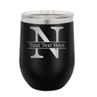 Personalized black 12 oz vacuum insulated wine cup with 'Monogram letter N' design