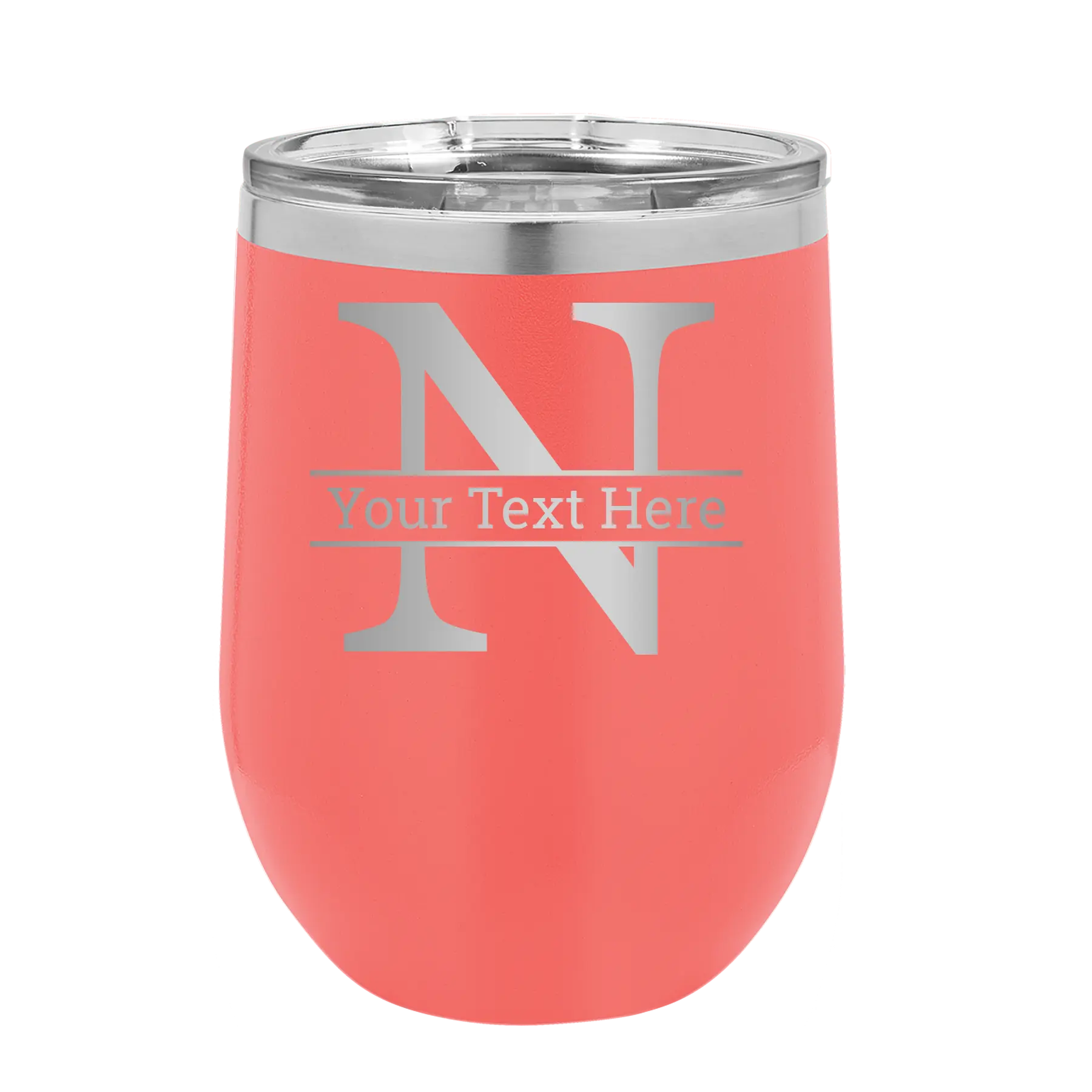 Personalized coral 12 oz vacuum insulated wine cup with 'Monogram letter N' design