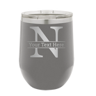 Personalized dark gray 12 oz vacuum insulated wine cup with 'Monogram letter N' design