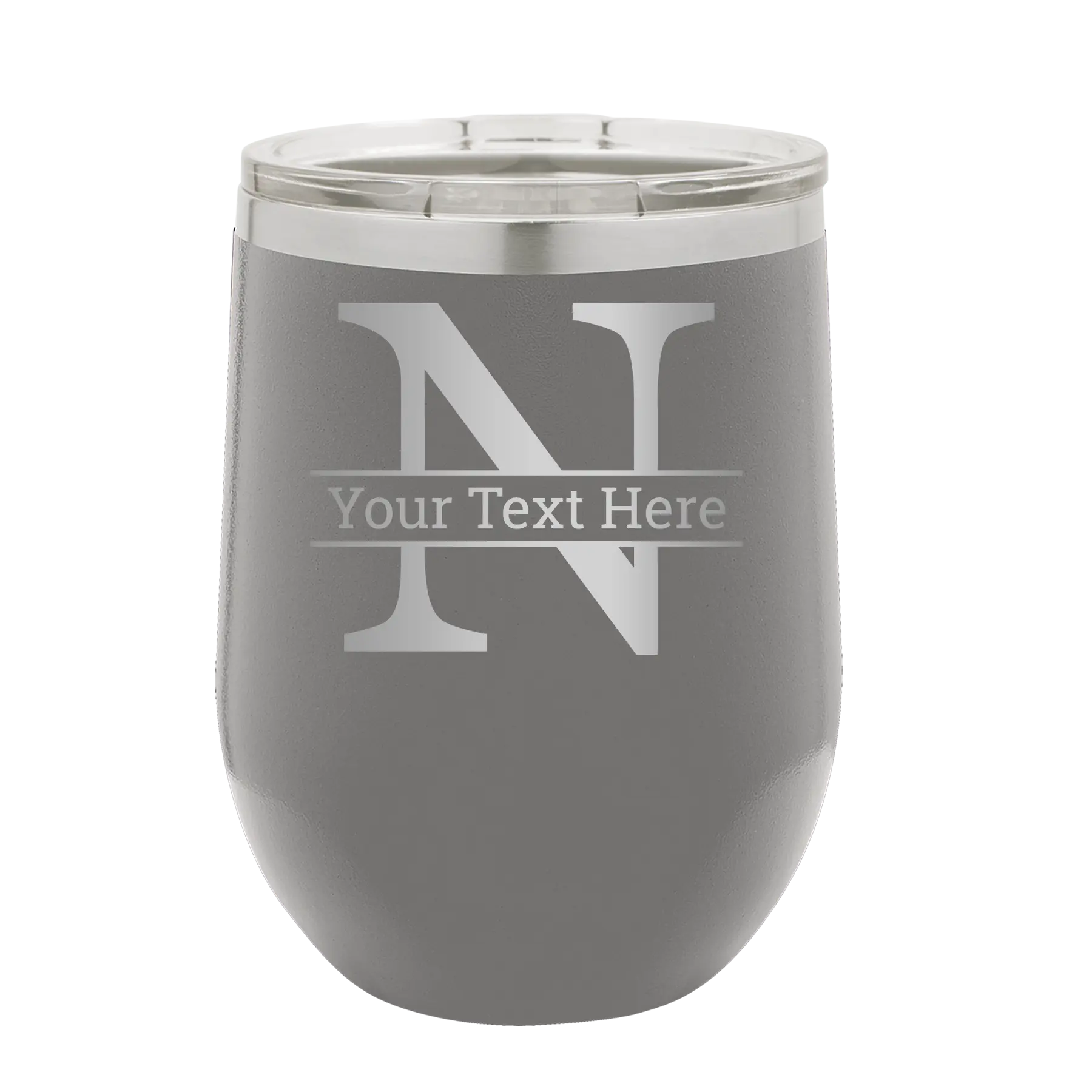 Personalized dark gray 12 oz vacuum insulated wine cup with 'Monogram letter N' design