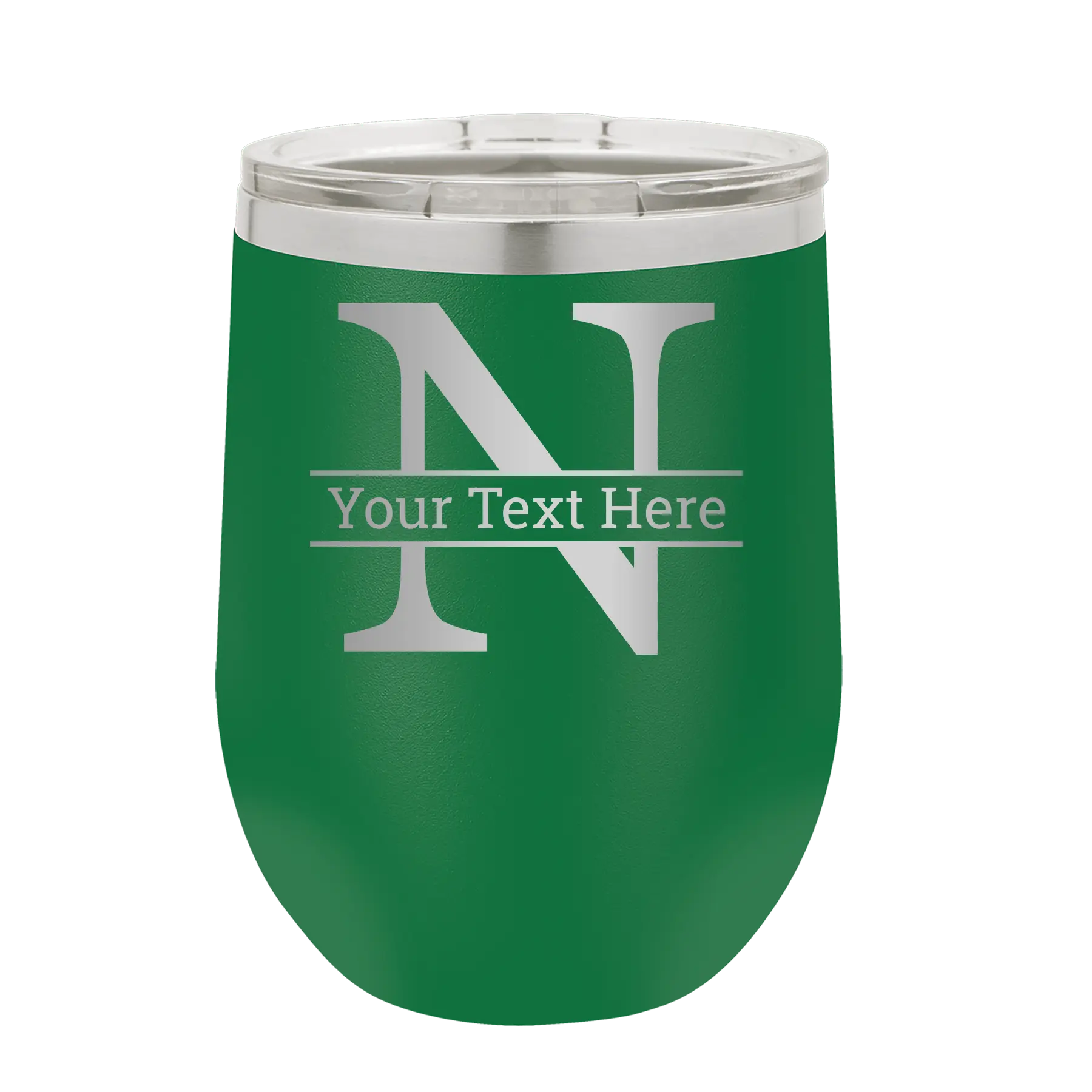 Personalized green 12 oz vacuum insulated wine cup with 'Monogram letter N' design