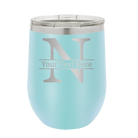 Personalized light blue 12 oz vacuum insulated wine cup with 'Monogram letter N' design