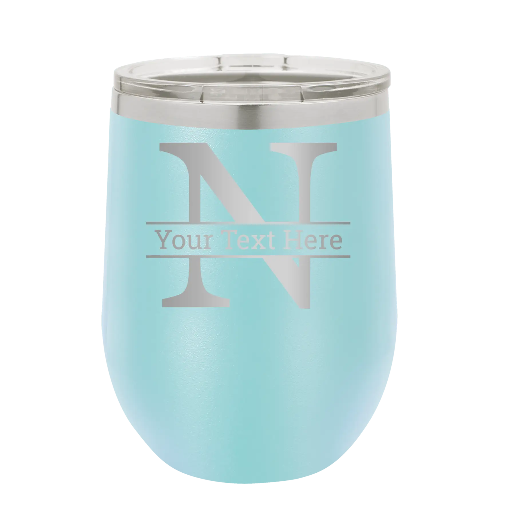 Personalized light blue 12 oz vacuum insulated wine cup with 'Monogram letter N' design